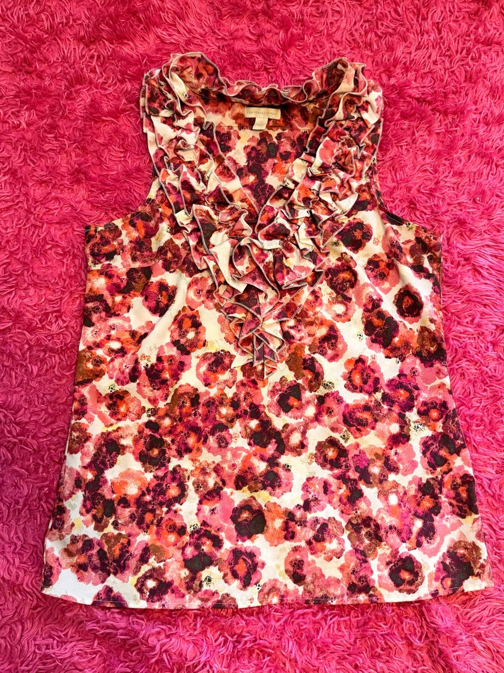 New York & Company Floral Ruffle V-Neck Sleeveless Top - Pink Multi